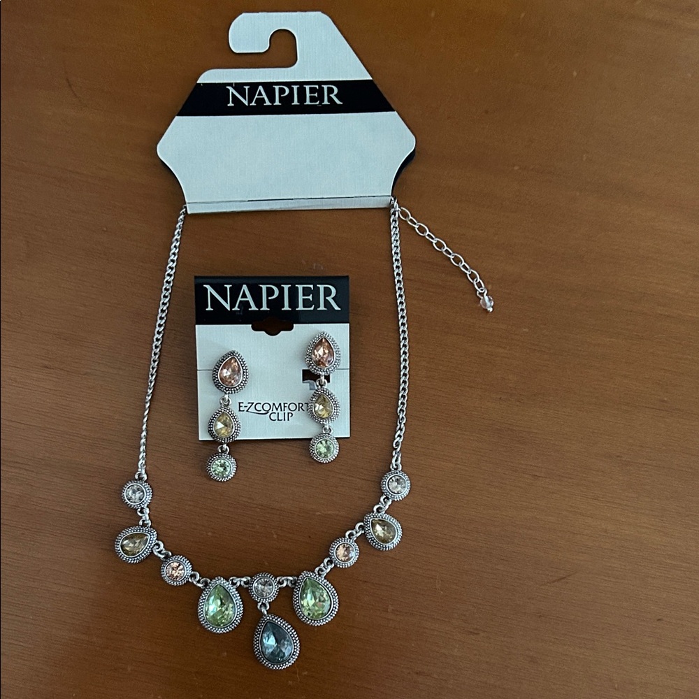 Napier Silver Necklace and Earrings with Multicolor Accents